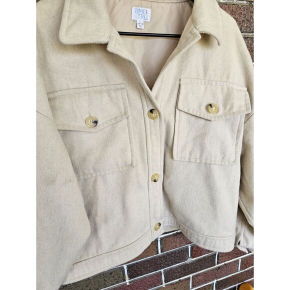 TIME AND TRU Womens Large Oversized Shacket Shirt Jacket Cream Button Wool Blend - Picture 2 of 6